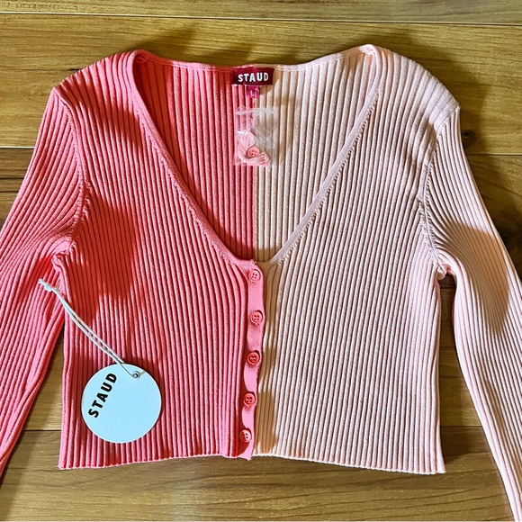 Staud Manon Two Tone Rib Knit Cropped Cardigan New Large - Picture 4 of 14